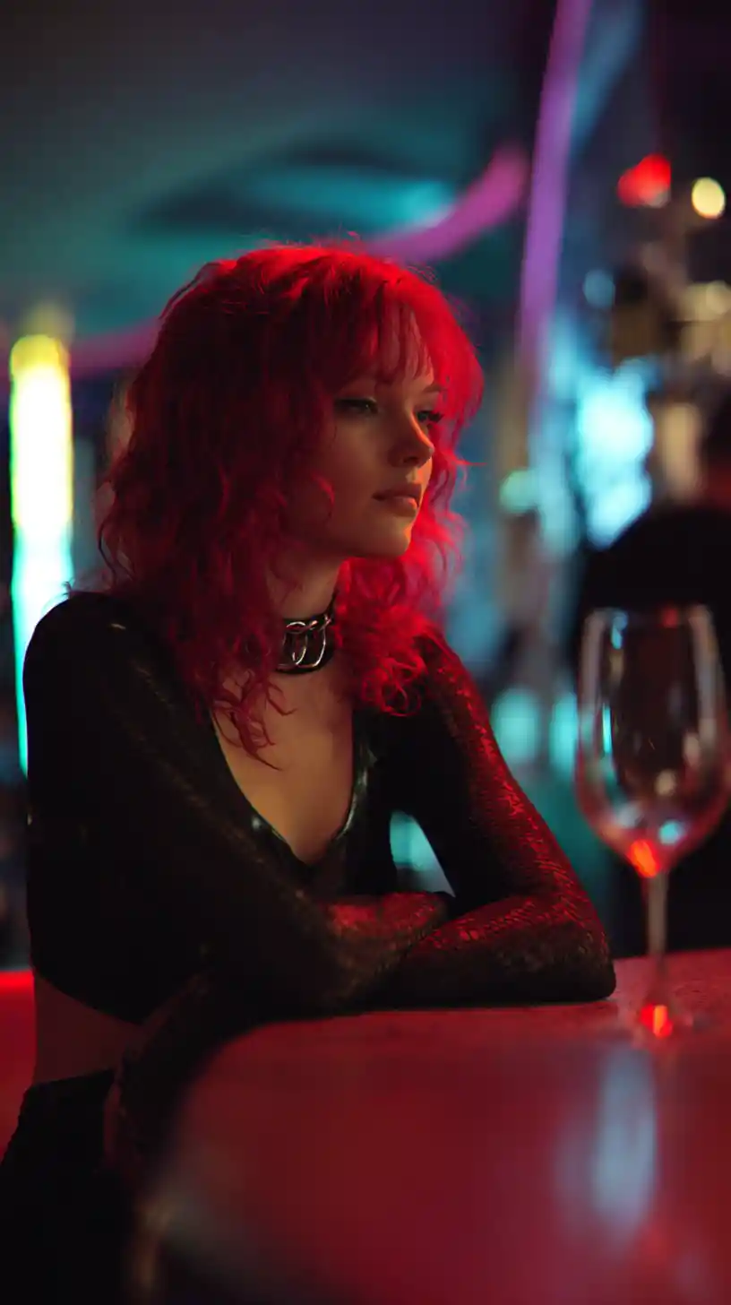 Red haired woman in neon lit cyberpunk interior