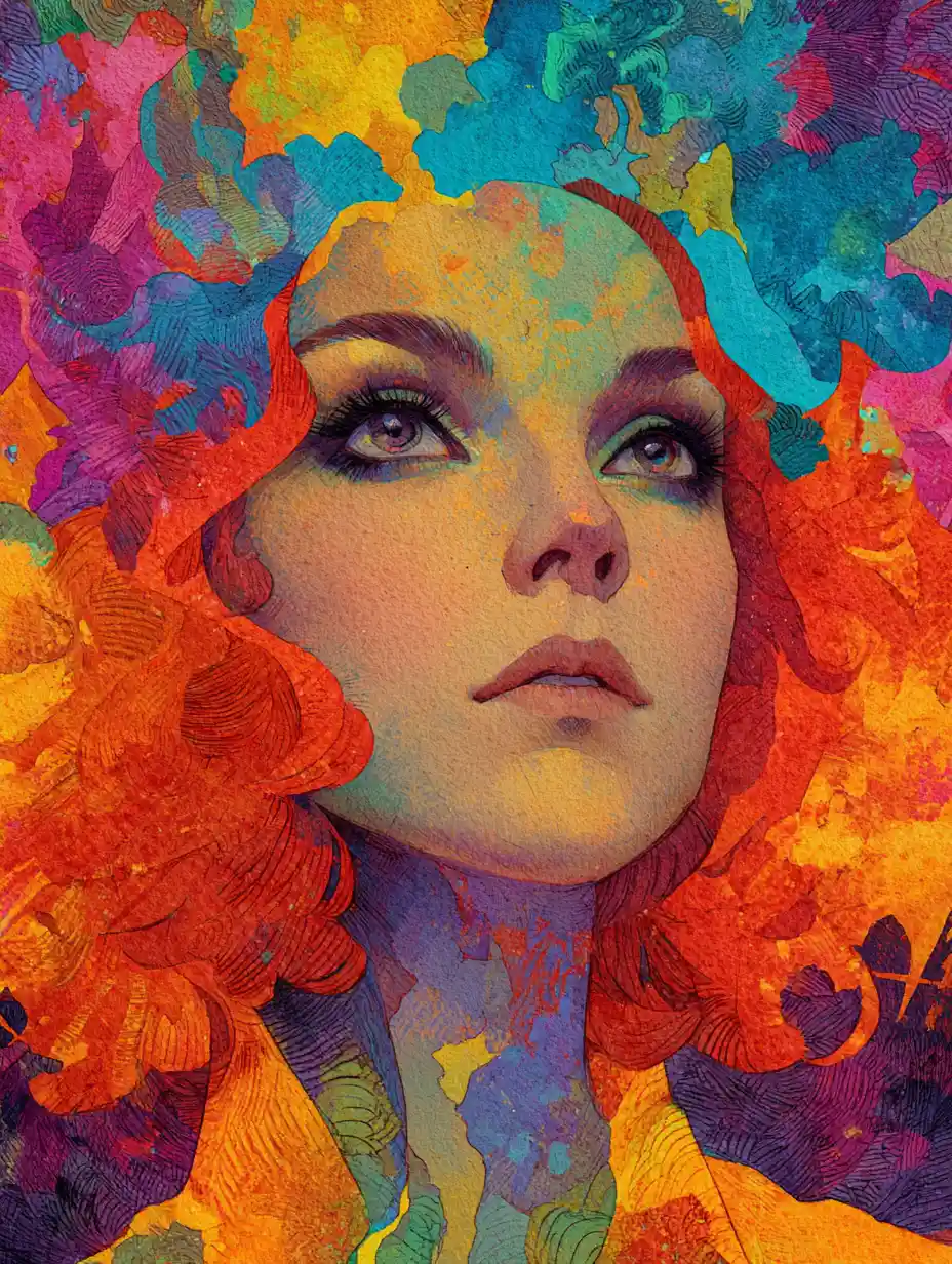 Ethereal woman rising from vibrant psychedelic colors