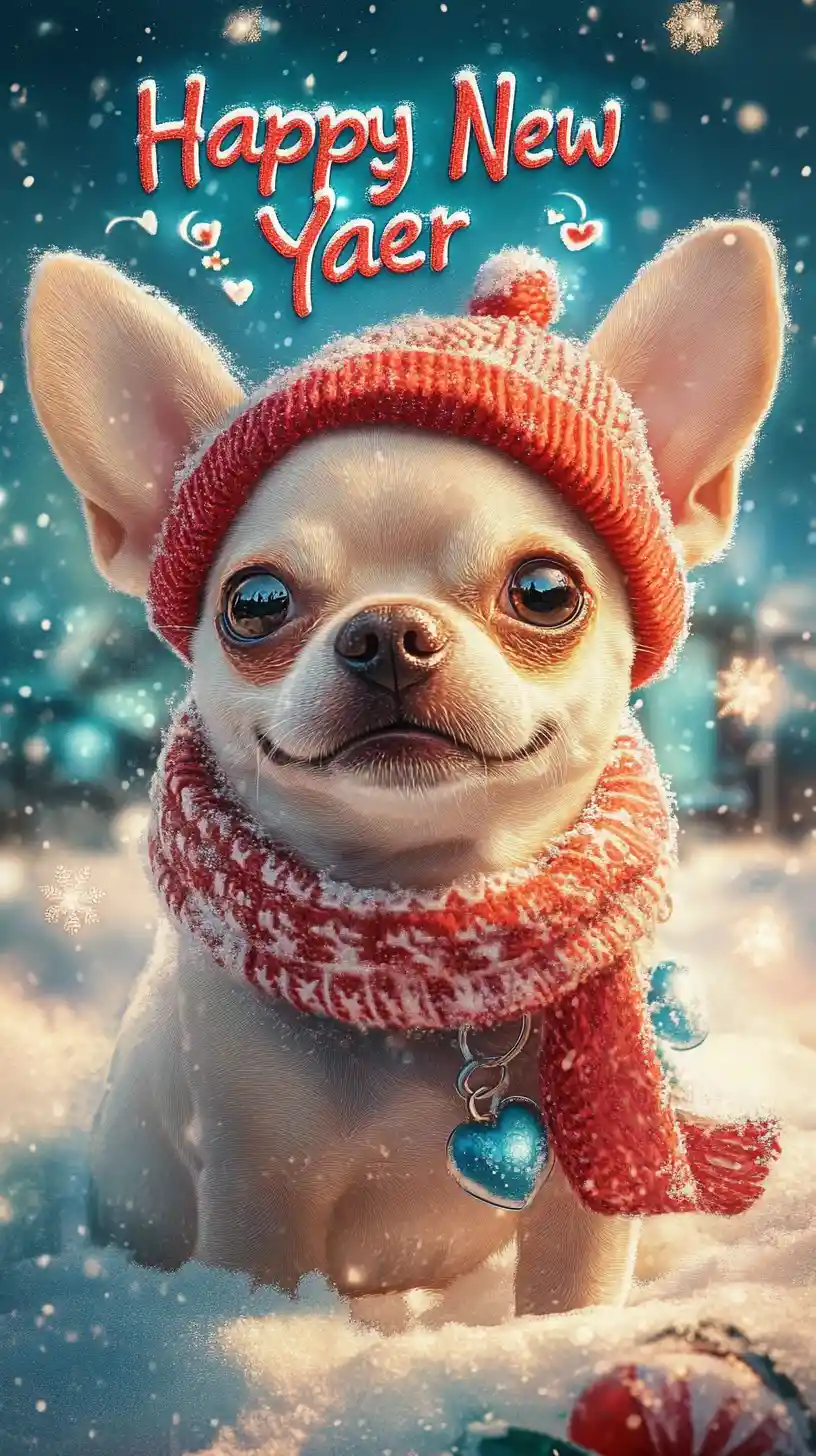 Cute happy dog in front of pet store on new year