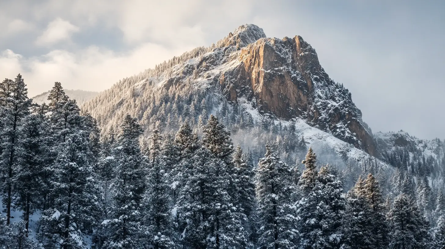 Snow covered mountain with frosty evergreen winter landscape