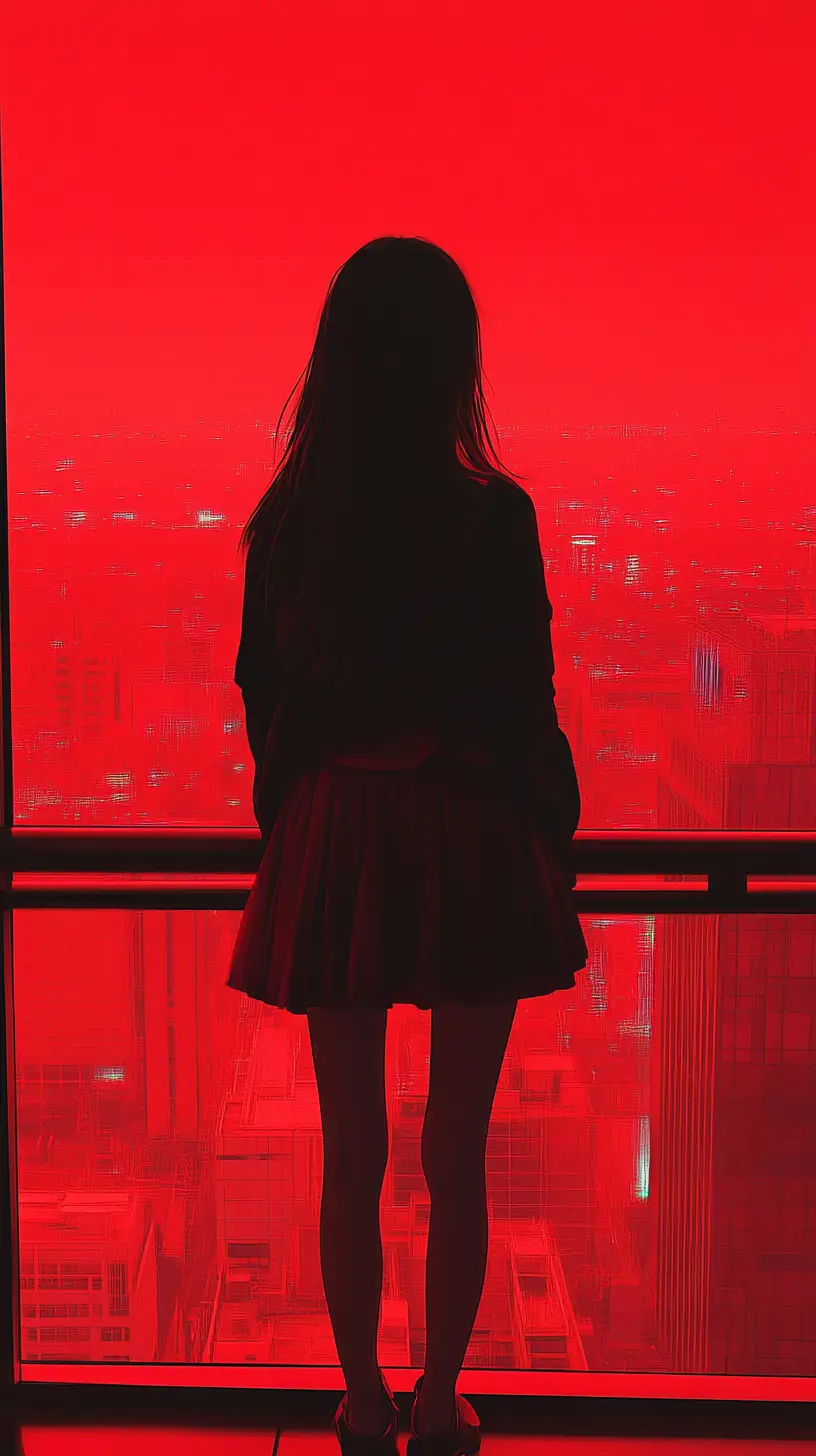 Girl on a balcony in a red toned city scene