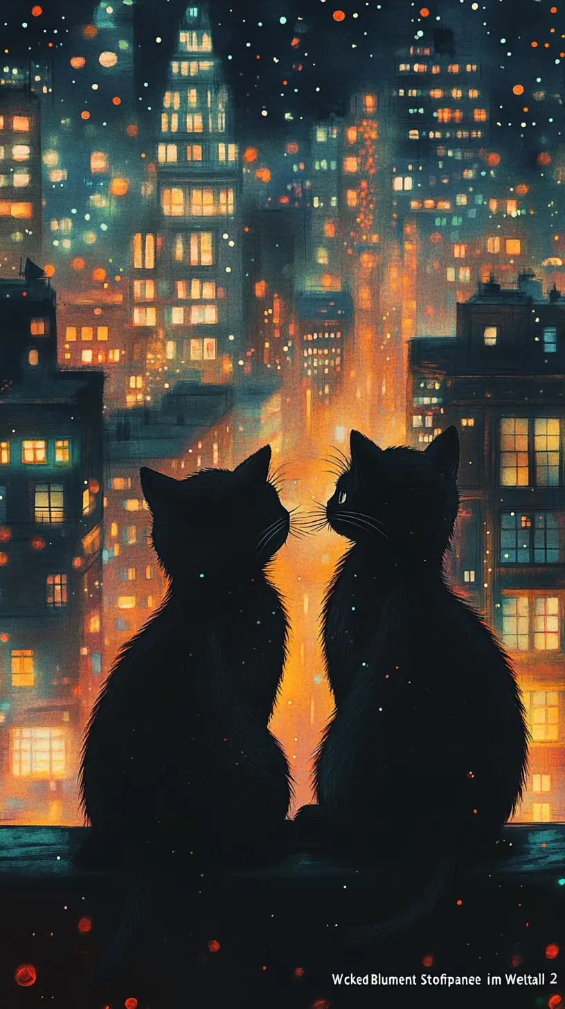 Two black cats in a dreamy colorful night cityscape
