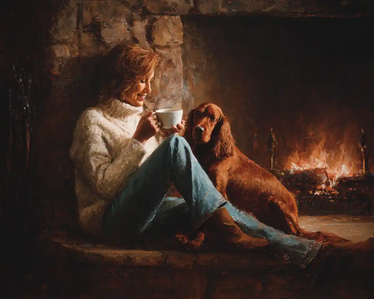 Woman relaxing with dog by fireplace in cozy living room