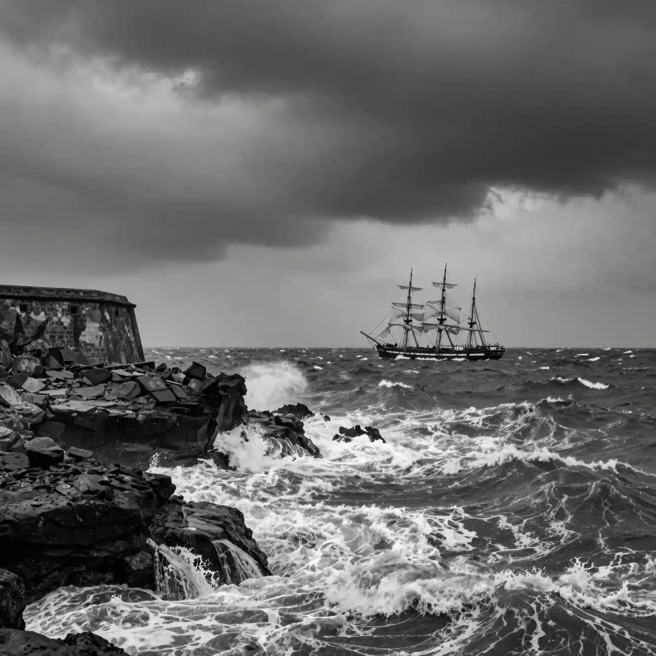 Veliero storico in mare tempestoso vicino a una costa rocciosa