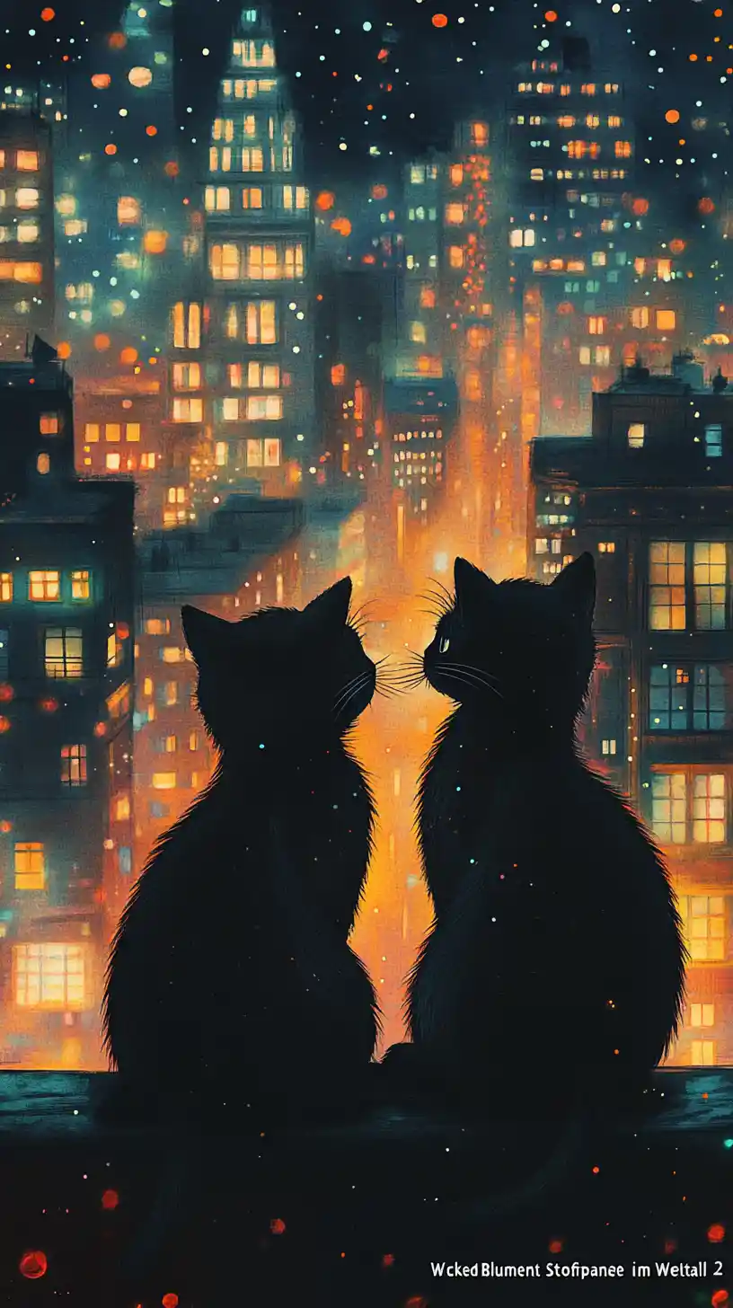 Dois gatos pretos em um cenário urbano noturno colorido e onírico