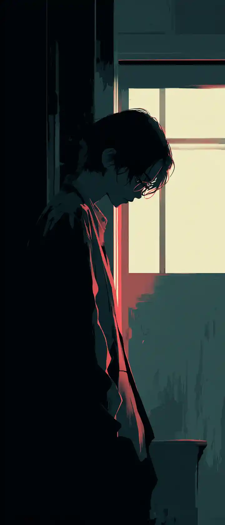 Melancholic anime boy in minimalist dramatic lighting illustration