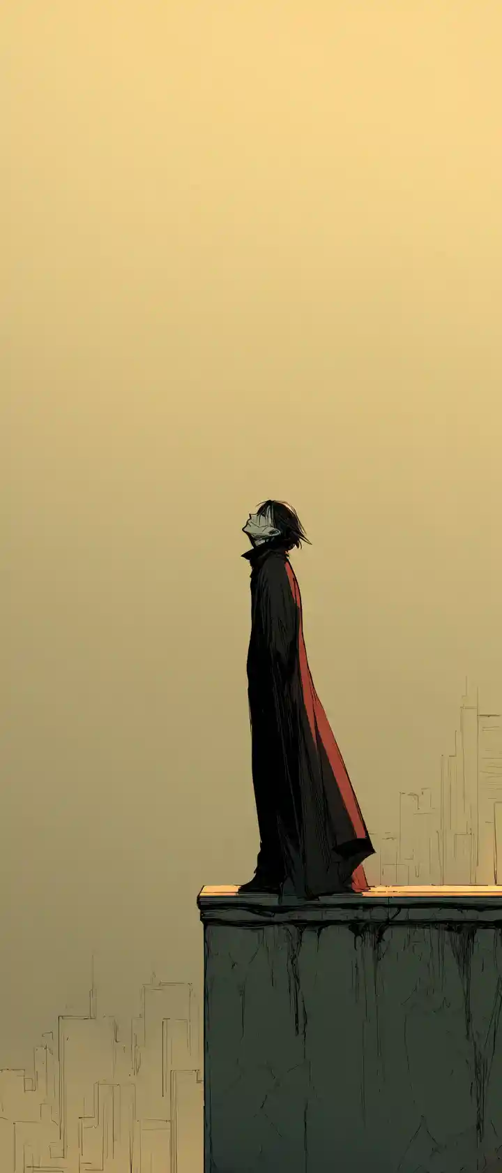 Lonely vampire standing on cliff above distant city