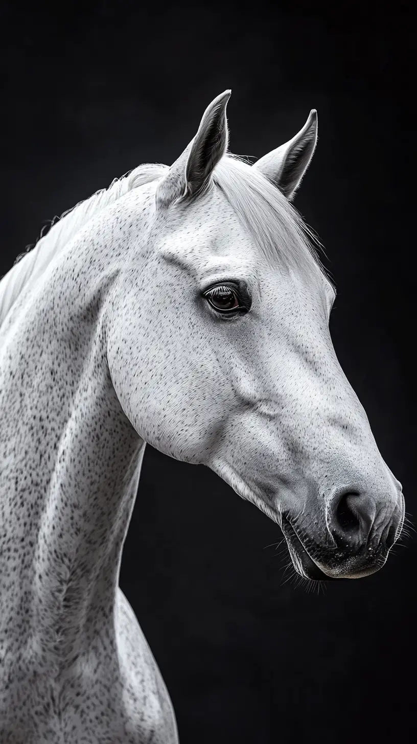 White arabian horse portrait in charcoal on black paper