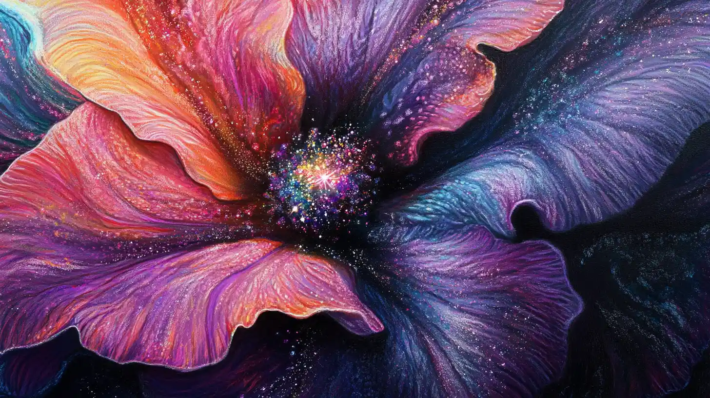 Macro oil pastel drawing of a blooming flower galaxy