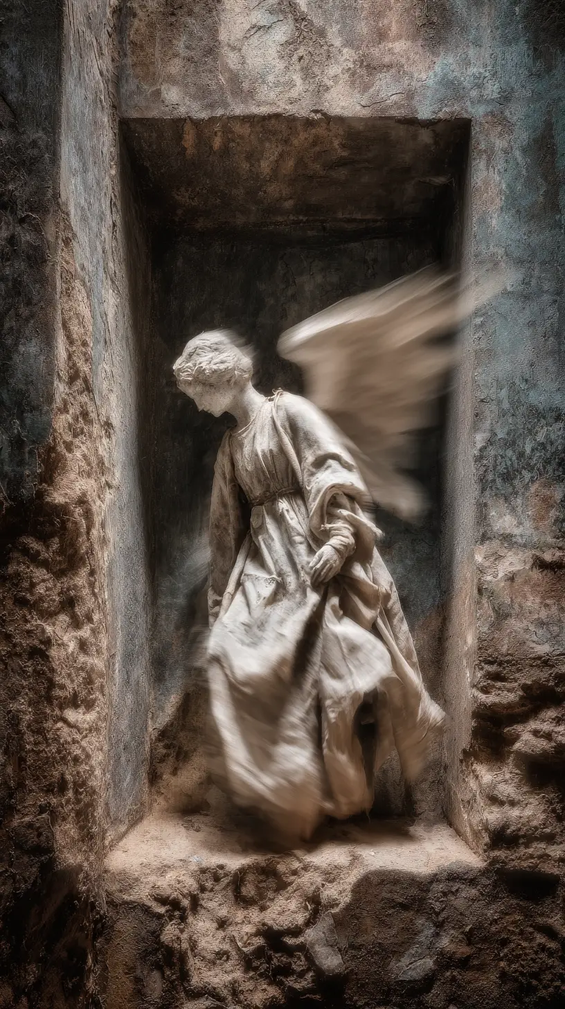 Angel with tattered wings in an ancient tower niche