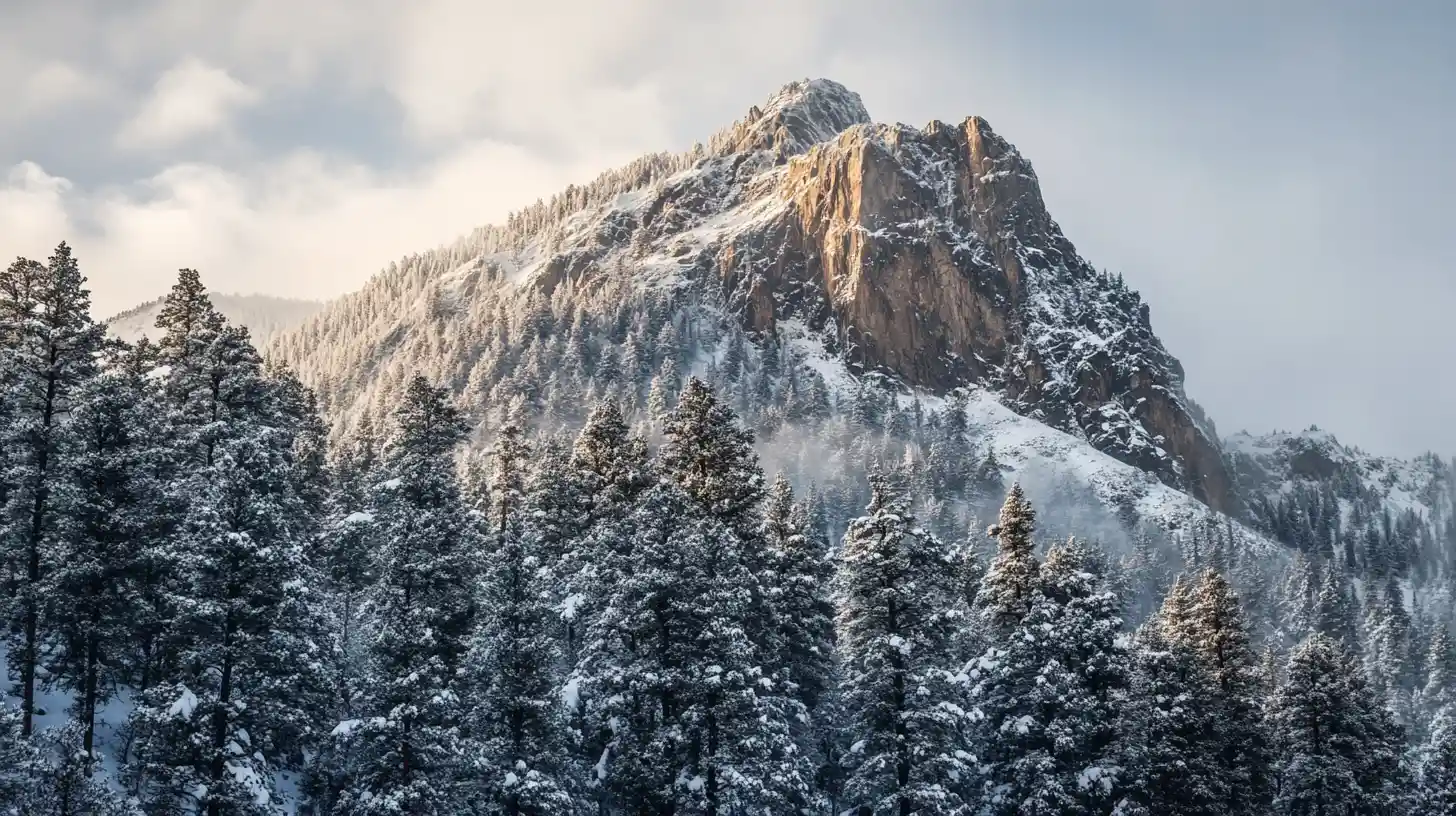 Snow covered mountain with frosty evergreen winter landscape