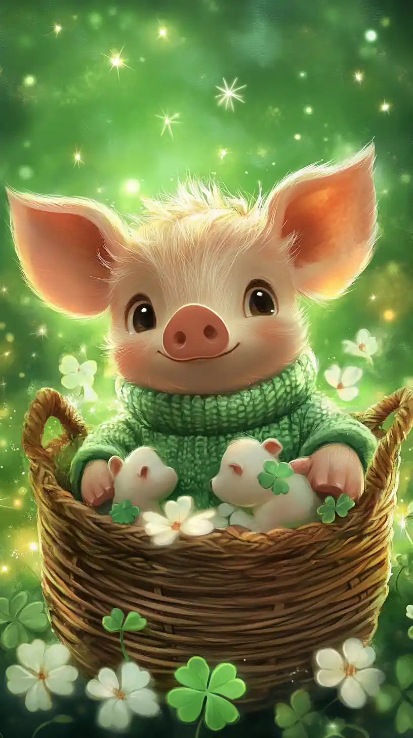 Cute piglet in green sweater sitting in clover basket