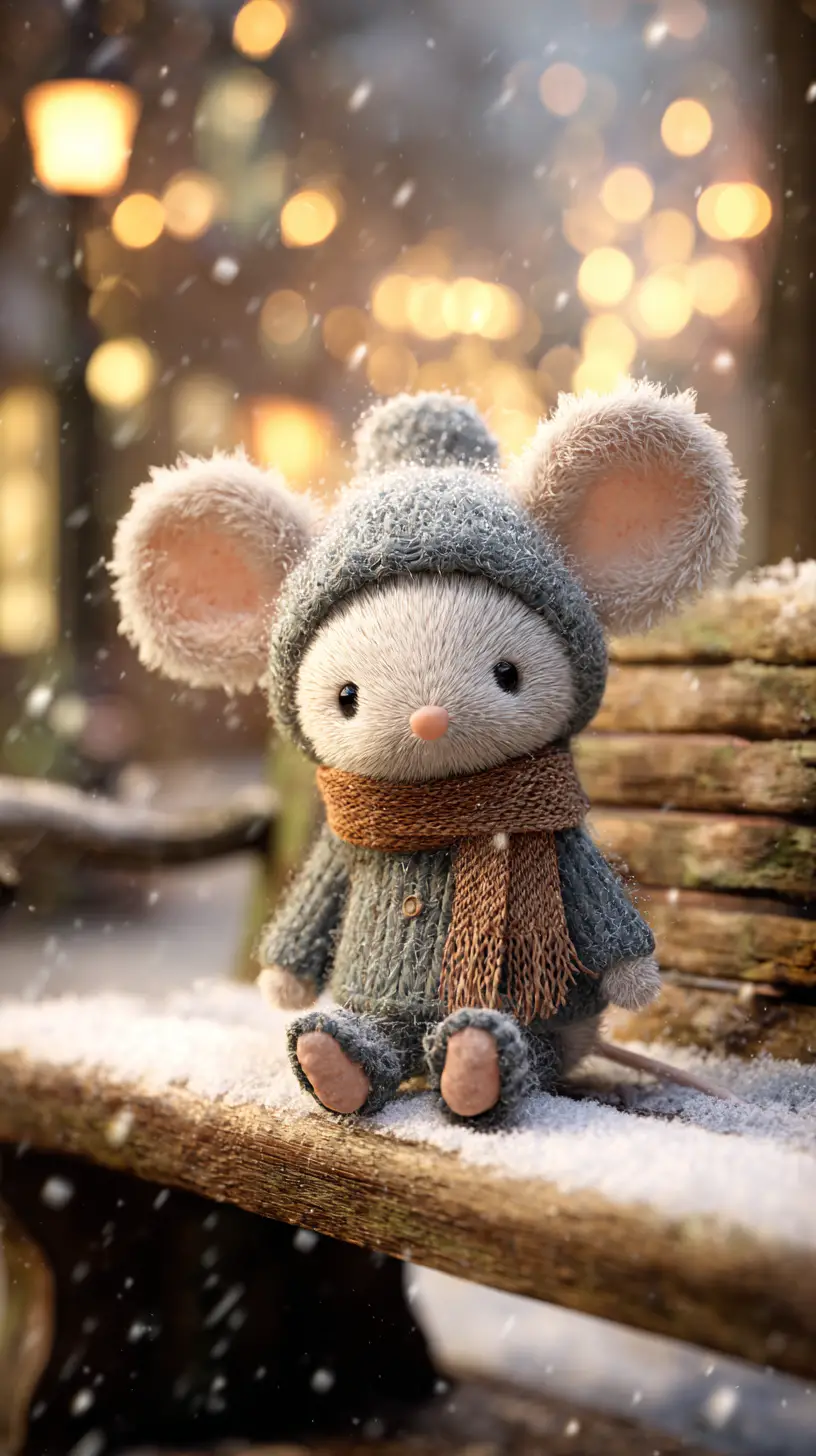 Cute plush mouse on a snowy park bench at night