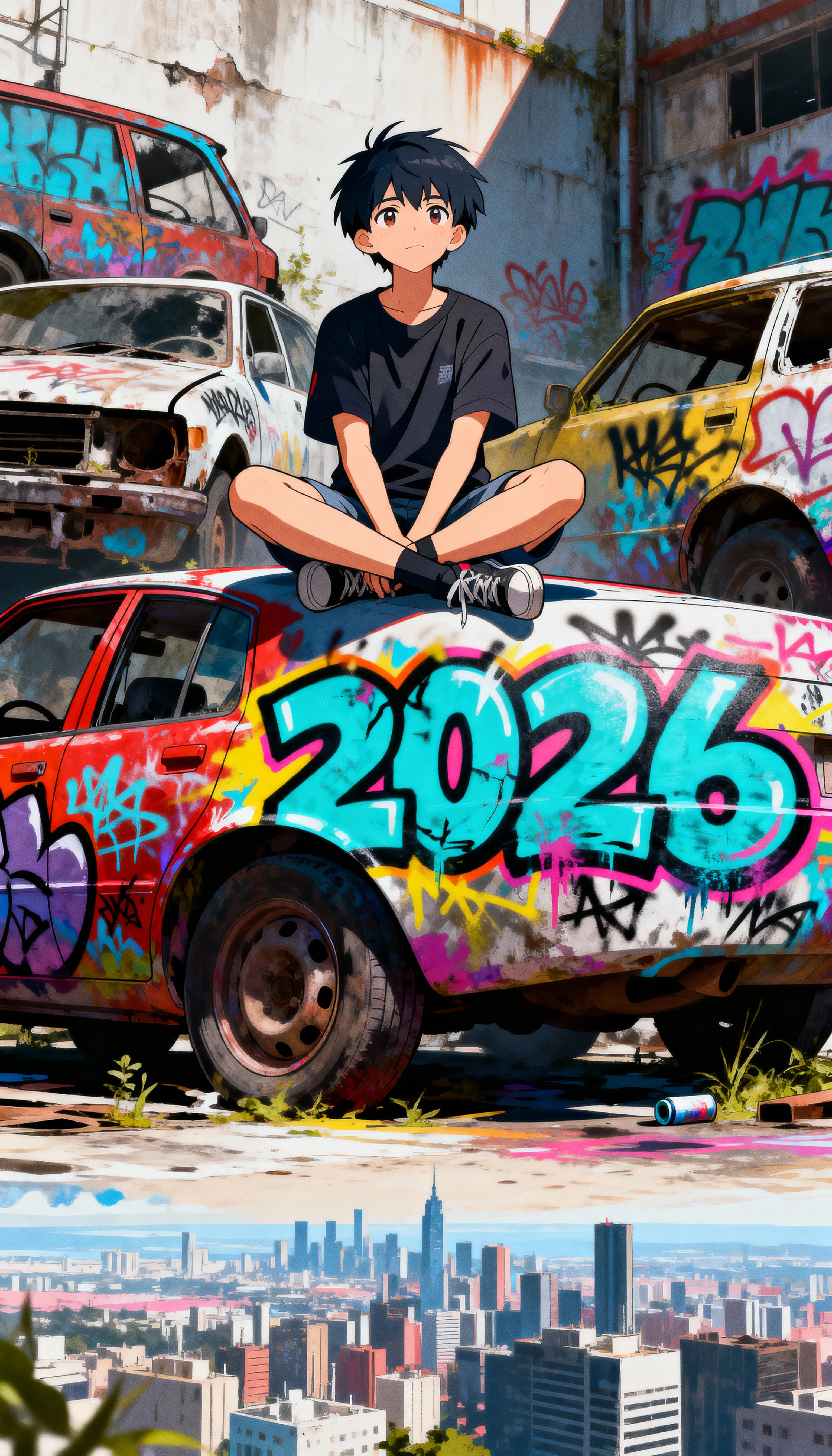 Ragazzo anime sopra auto con graffiti che osserva una città lontana
