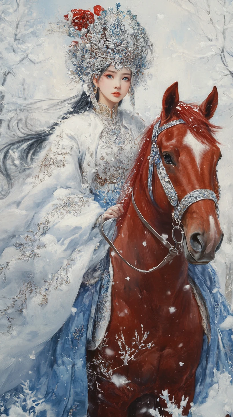 赤い馬に乗って雪の森を駆ける雪娘