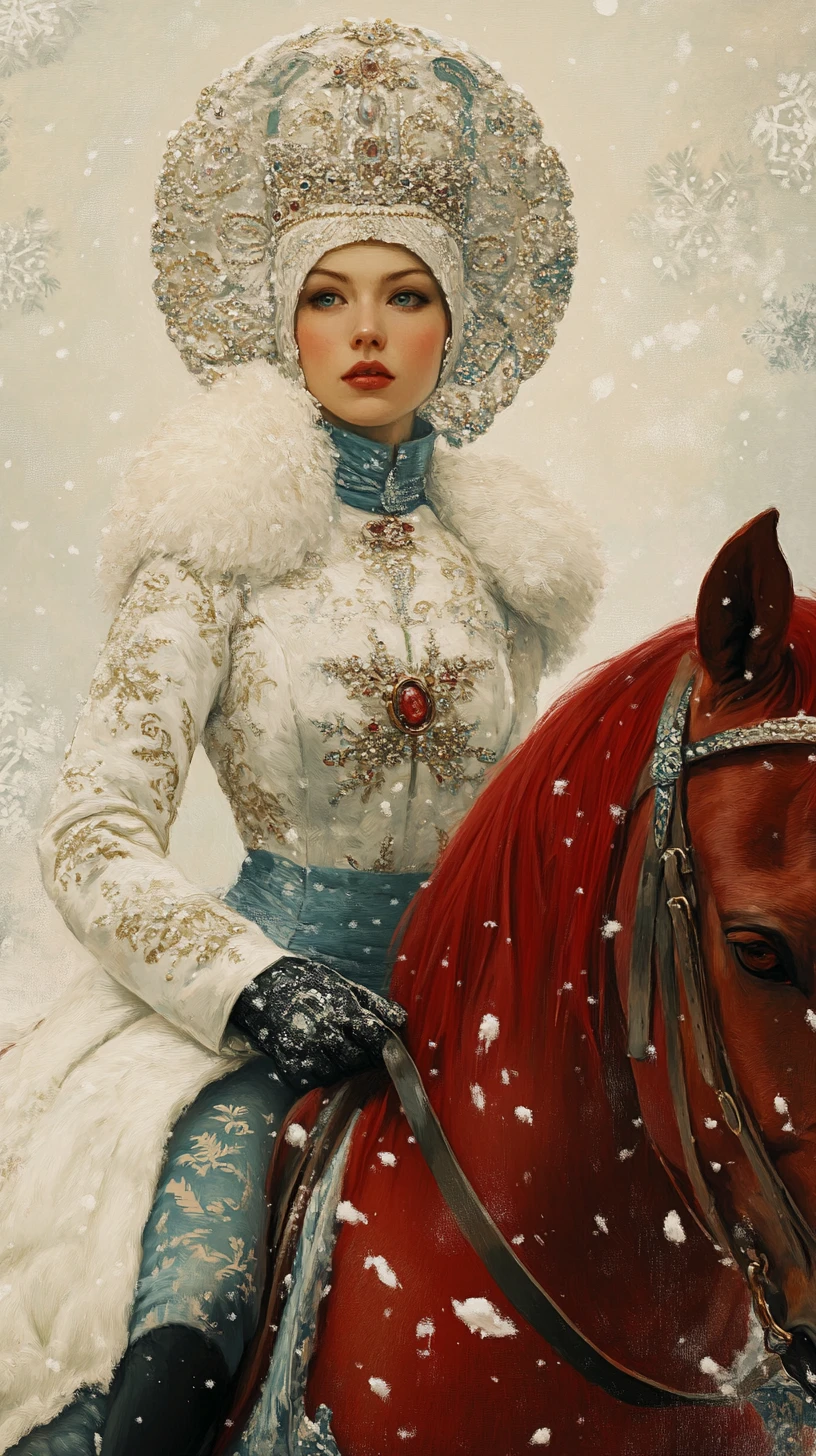 Snow maiden riding a red horse through snowy Russian forest
