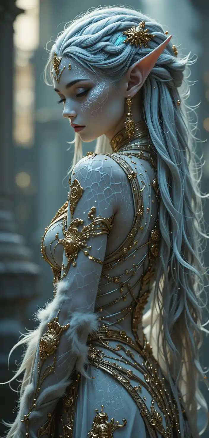 Elegant alien elf priestess with glowing runes and braided hair