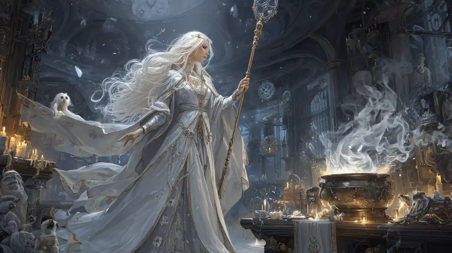 Good sorceress casting spells in a glowing magic room
