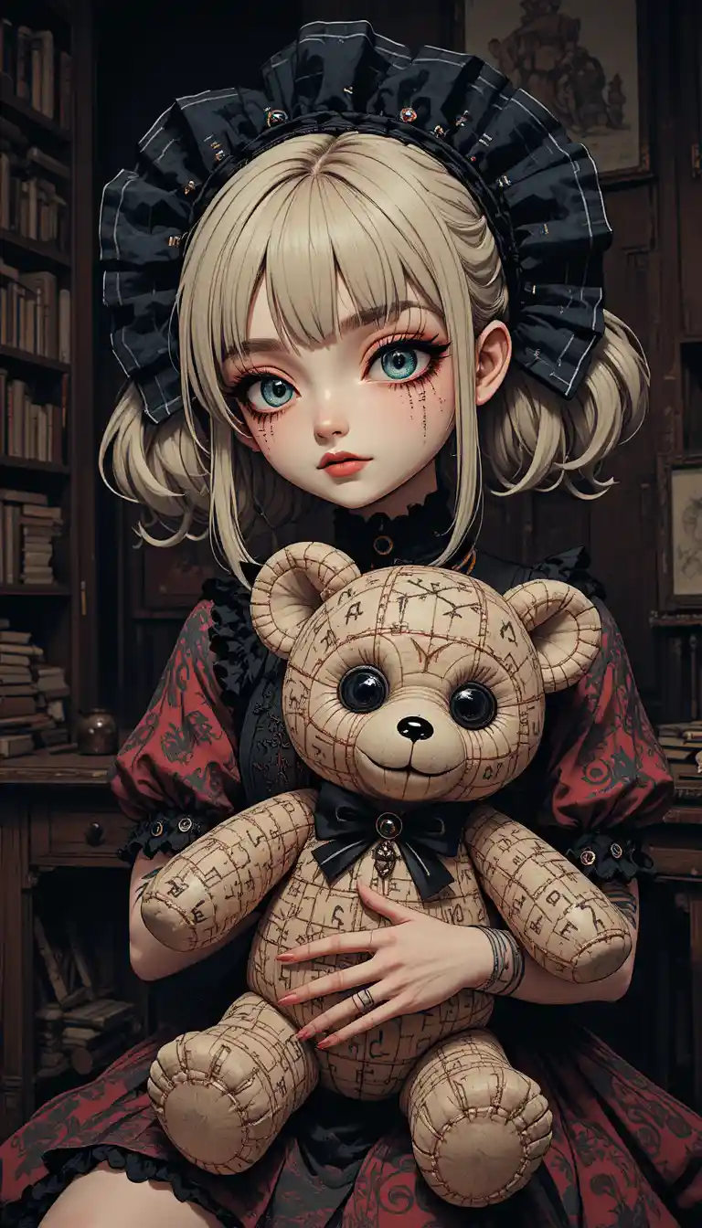 Gothic ragdoll anime girl holding a stitched voodoo bear