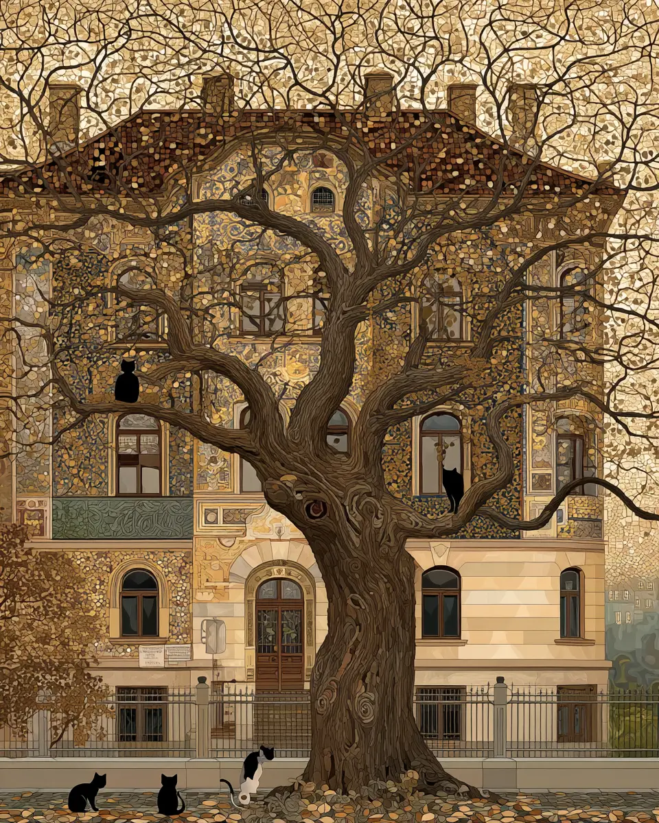 Decorative autumn tree with playful cats and stone apartments
