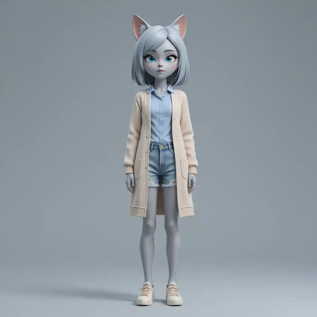 Mujer gato anime 3D de cuerpo completo en pose neutra