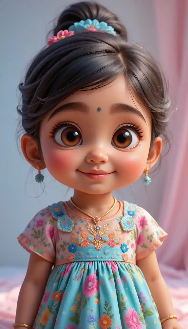 Illustrazione di bimba indiana sorridente in vestitino colorato