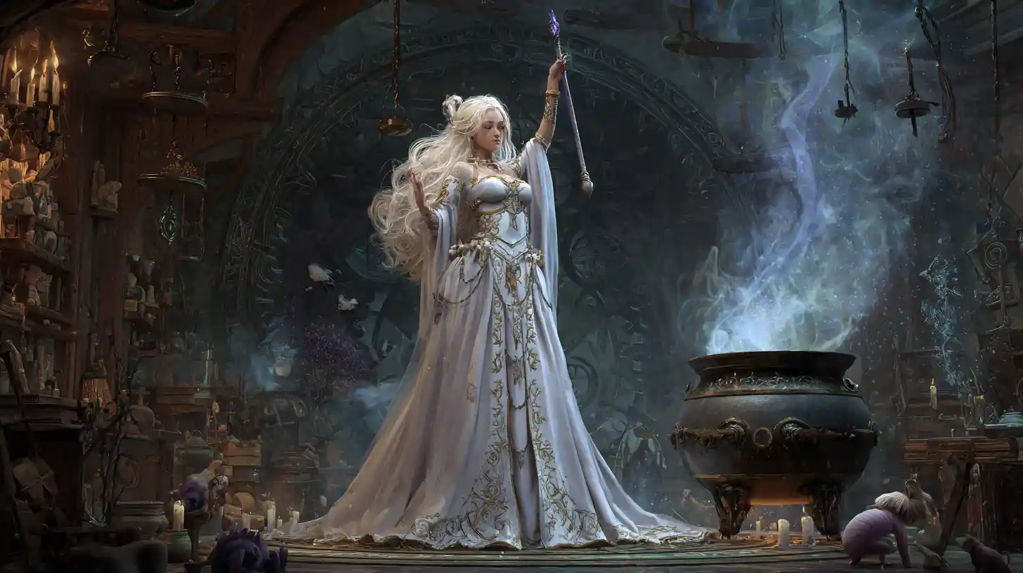 Good sorceress casting magic in a glowing steampunk room