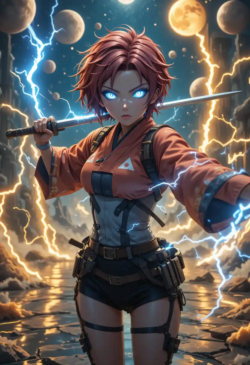 擁有神祇般雷電能量光環的動漫女戰士