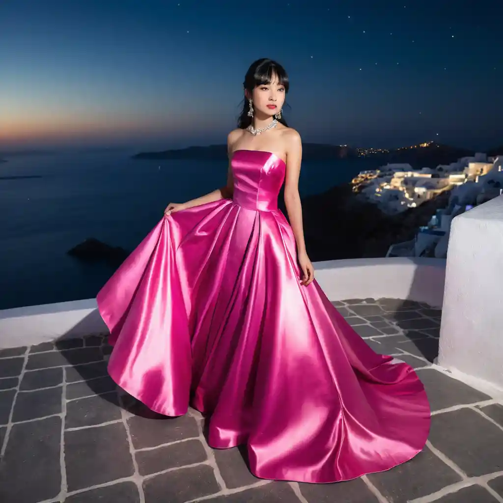 Young woman in pink satin gown in Santorini at night