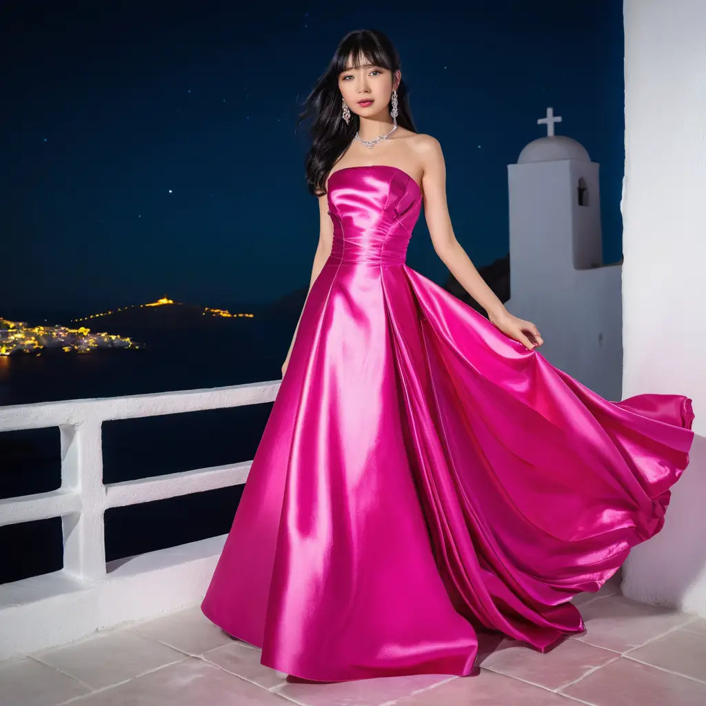 Elegant woman in pink satin gown at night in Santorini