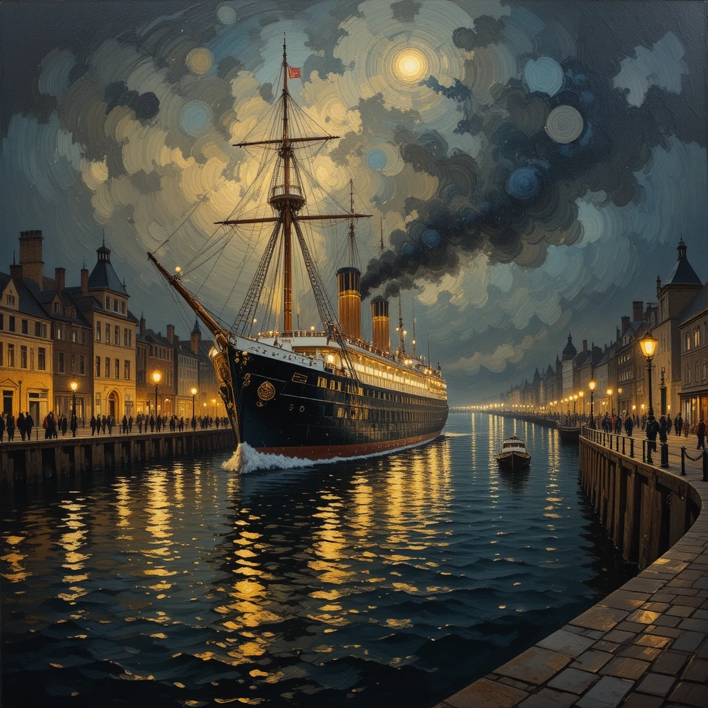 Majestic ship sailing by a Victorian harbor at night