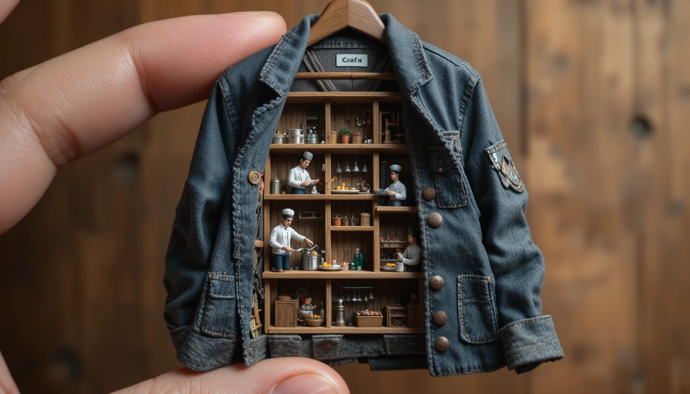 Miniature chef jacket diorama with tiny cooks at work