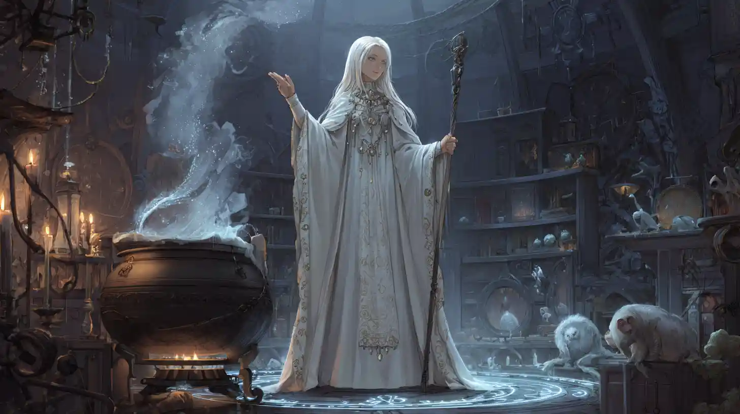 Good sorceress casting magic in a steampunk spell room