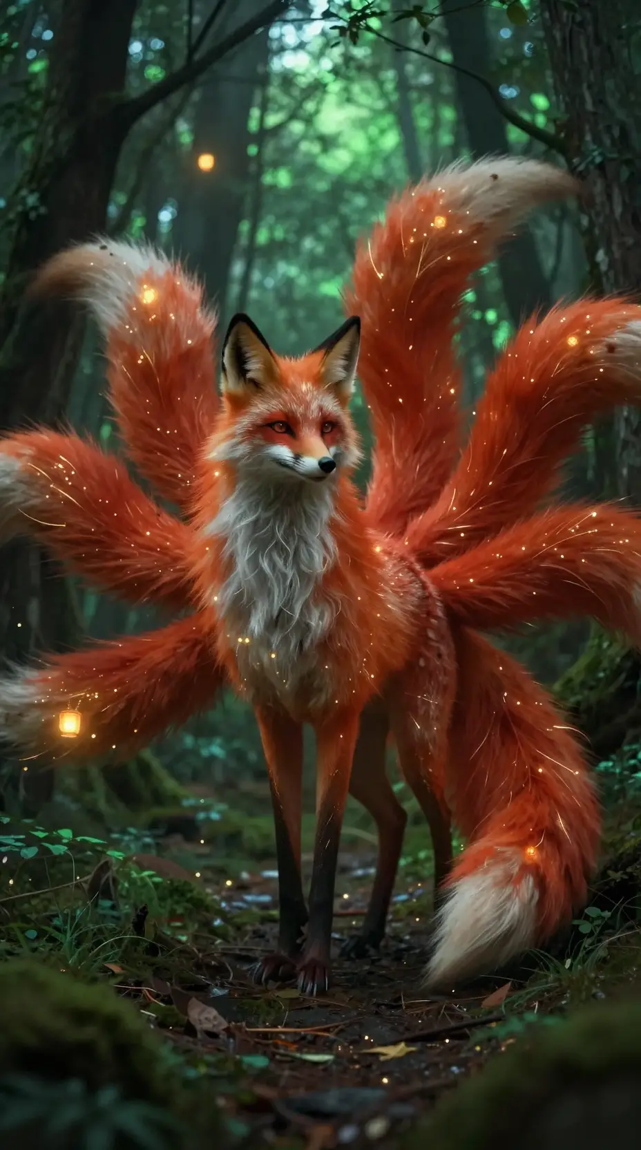 Nine tailed fox goddess on an enchanted forest path