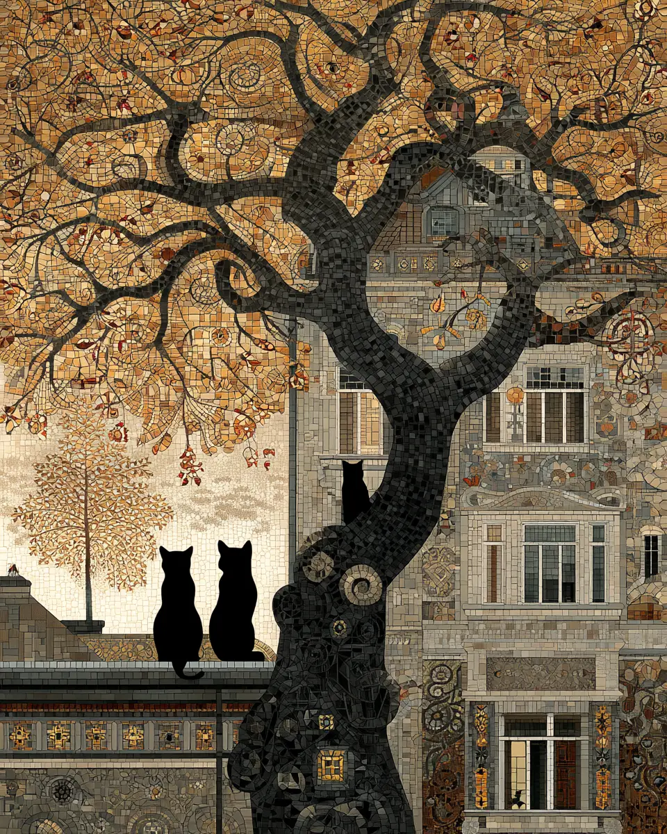 Cats beneath a grand autumn tree by a stone apartment