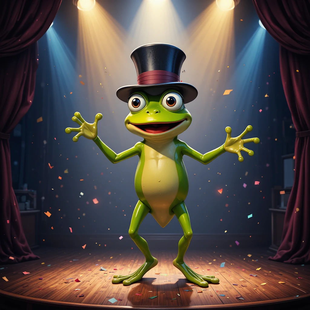 Dancing cartoon frog in a top hat on stage