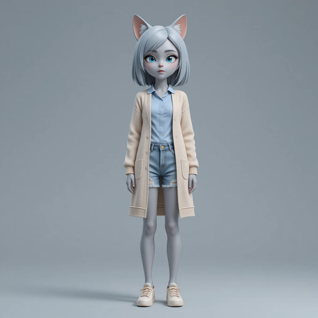 Femme chat en 3D style anime en pied, en pose neutre