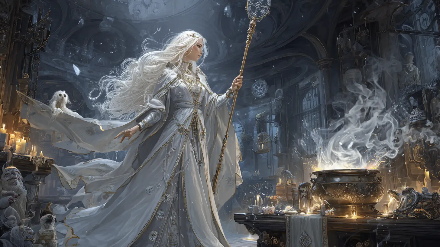 Good sorceress casting spells in a glowing magic room