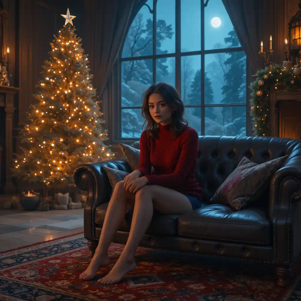 Woman warming by the fireplace in a magical living room