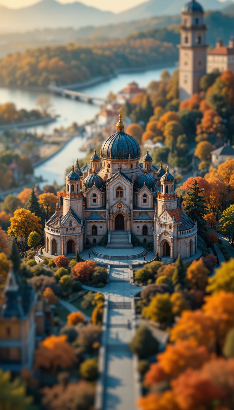 Tilt shift cityscape from a high vantage point at sunset