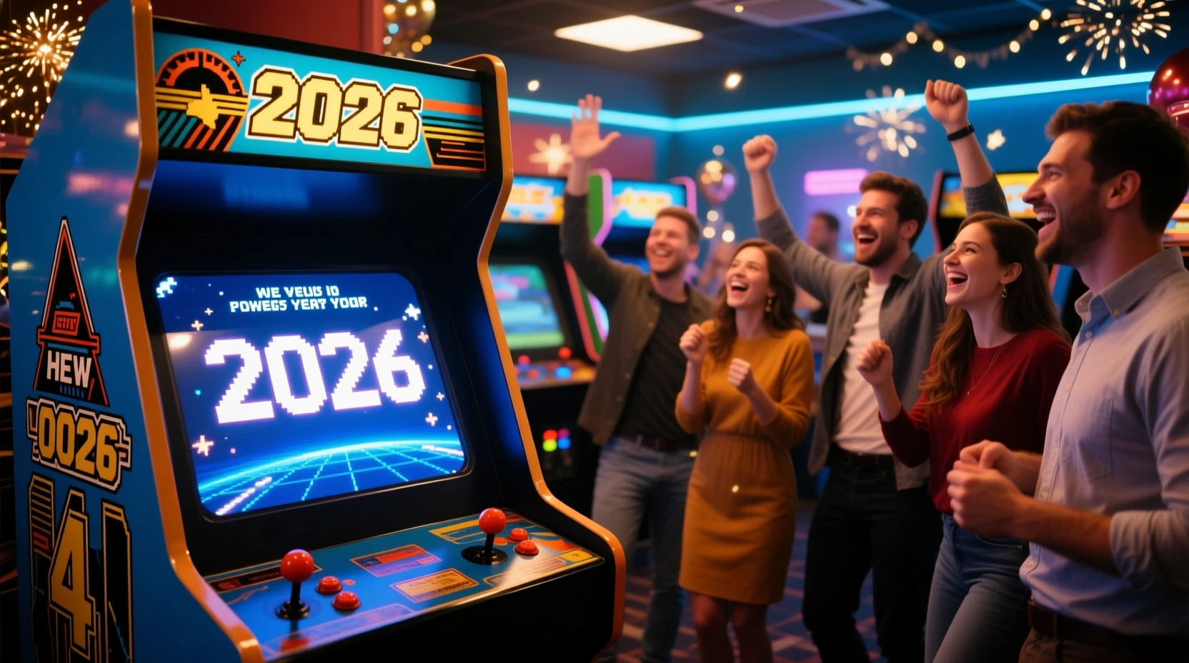Amici che festeggiano il Capodanno in una scena arcade retrò