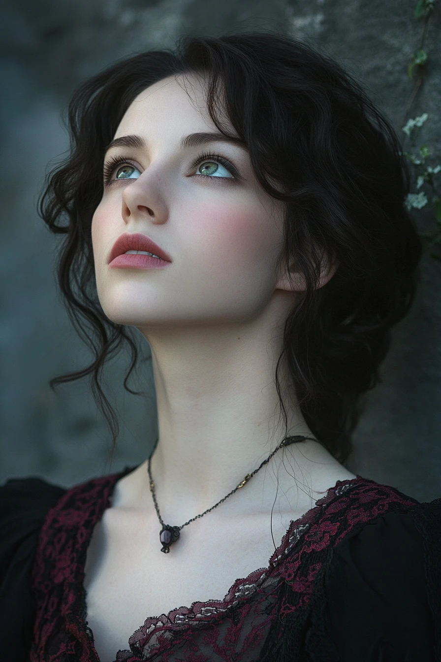 Determined woman in black silk gown against ivy covered wall