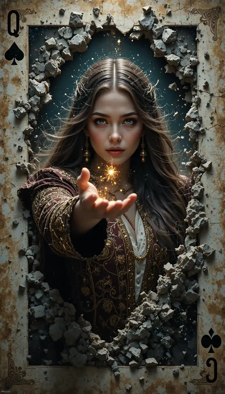Powerful sorceress bursting through shattered queen of spades card