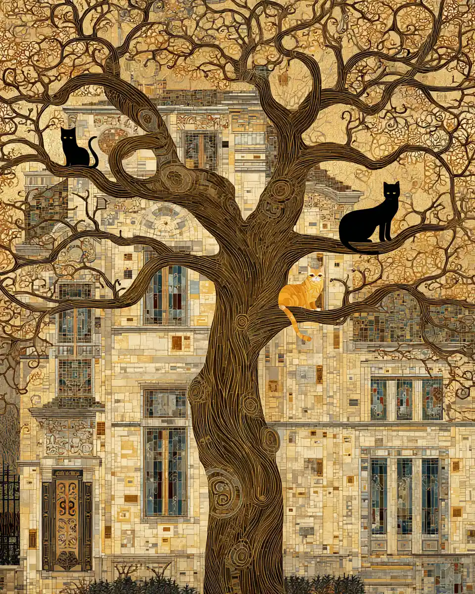 Decorative autumn tree and cats before a stone apartment building