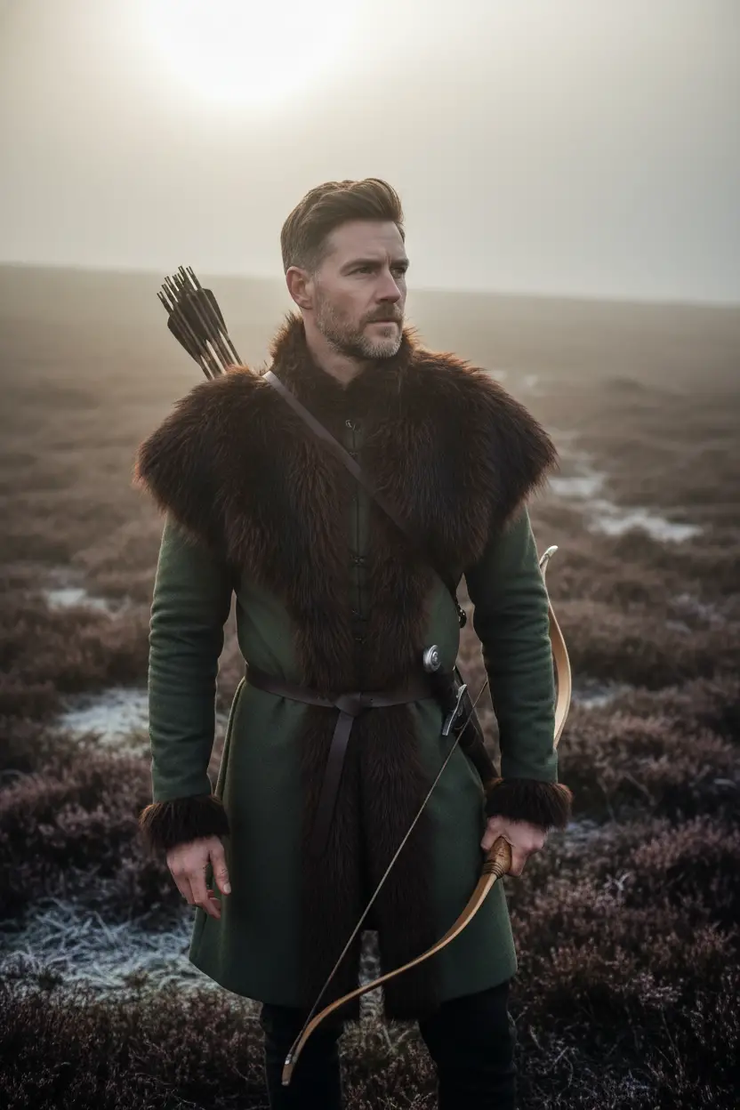 Serious middle aged archer on a misty winter moor