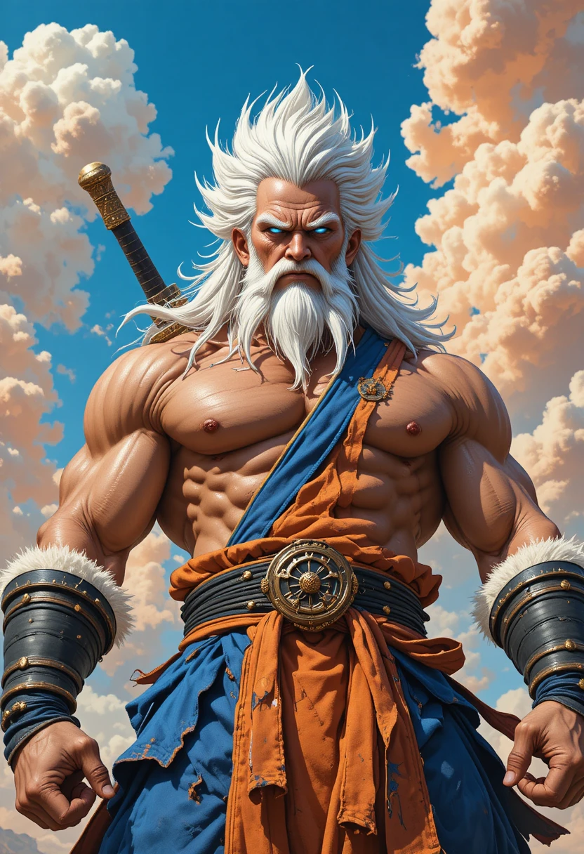 Guerreiro idoso musculoso sob um céu azul brilhante