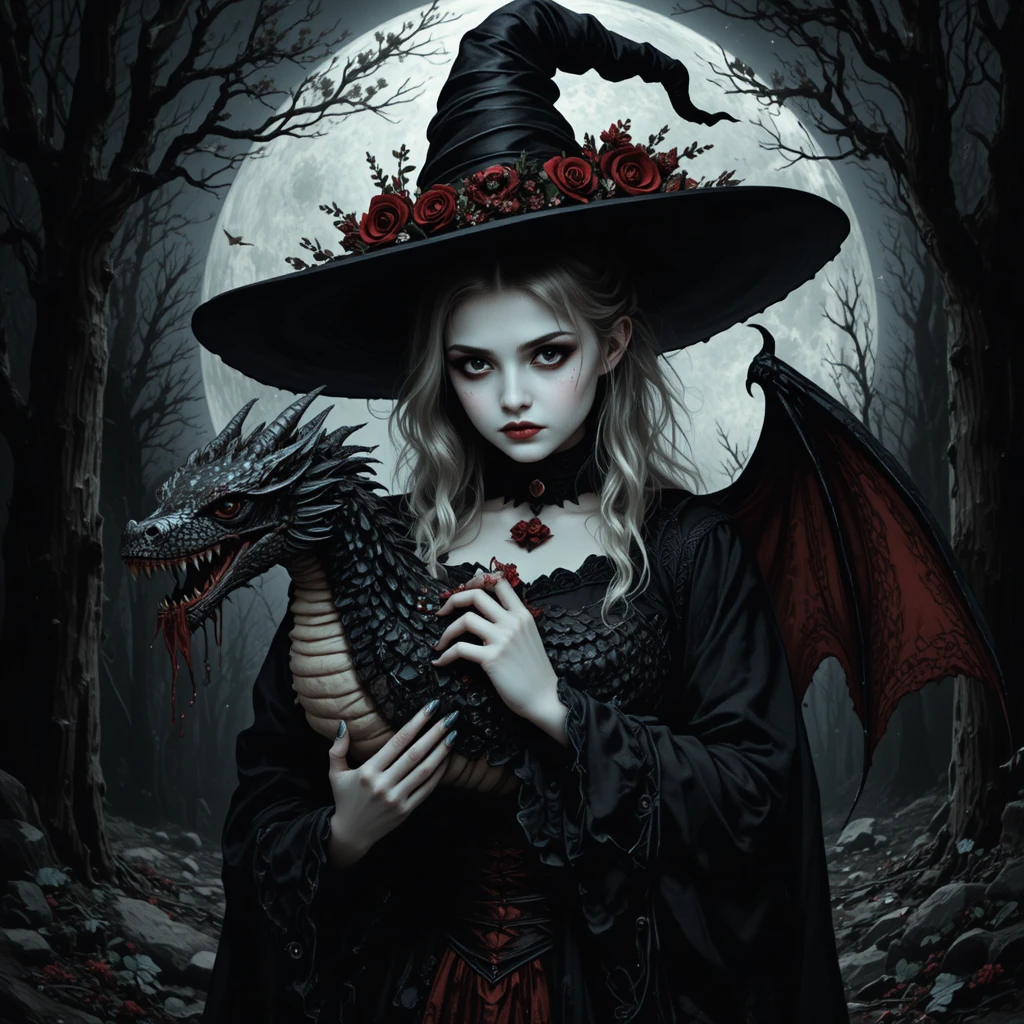Gothic witch girl cradling a dragon in moonlit forest