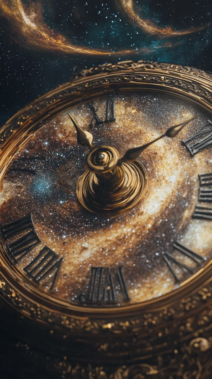 Double exposure antique clock face with swirling galaxies