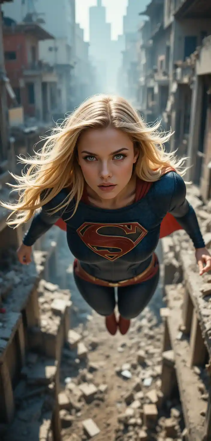 Cinematic portrait of supergirl above a ruined cityscape