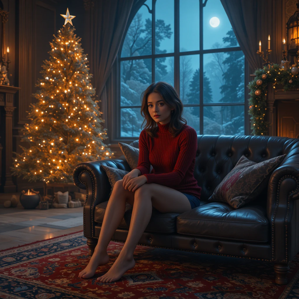 Woman warming by the fireplace in a magical living room
